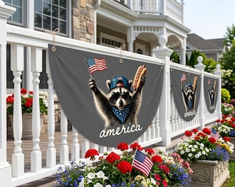 Funny Raccoon American Flag Bunting | Feral & Free Patriotic Banner | 4th of July Porch Decor | USA Independence Day Flag