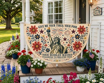 Statue of Liberty Patriotic Banner, 4th of July Floral Decoration, Freedom & Liberty Porch Flag, USA Independence Day Celebration