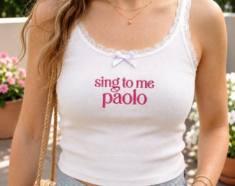 Embroidered Sing To Me Lace Spaghetti Top, Lizzie mcguire shirt, 2000s Shirt