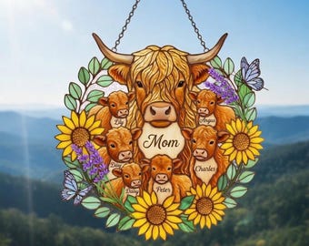 Personalized Highland Cow Suncatcher, Mom with Calves Sunflower Faux Stained Glass, Custom Family Cow Window Hanging, Mothers Day Farmhouse