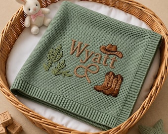 Personalized Cowboy Embroidered Baby Blanket with Name - Custom Western Cactus Boots Hat Knit Newborn Gift, Baby Gift, Baby Keepsake Gift