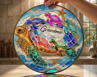Personalized Sea Turtle Suncatcher, Custom Grandma Turtle with Grandkids Names, Stained Glass Ocean Window Hanging, Mothers Day Gift