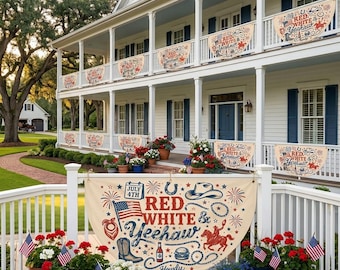 Red White & Yeehaw Patriotic Porch Banner, 4th of July Cowboy Rodeo Decor, Vintage Americana