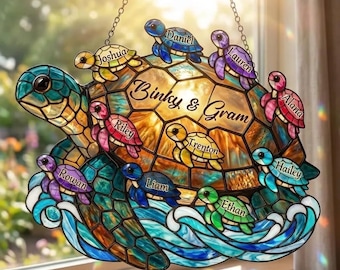 Personalized Sea Turtle Suncatcher, Custom Grandma Turtle with Grandkids Names, Acrylic Faux Stained Glass Ocean Window Hanging, Day Gift