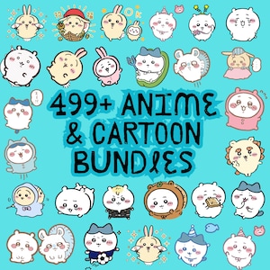 Puede incluir: Fondo azul claro con numerosos personajes de dibujos animados de animales en diversas poses y atuendos. Se muestra el texto "499+ ANIME & CARTOON BUNDLES". La imagen muestra conejos, osos y otras criaturas encantadoras.
