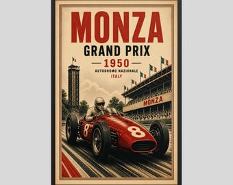 May include: Vintage-style framed poster for the Monza Grand Prix 1950 race in Italy. The poster features a red race car with the number 8, a driver, and the text "MONZA GRAND PRIX 1950". The background includes a race track, grandstands, and flags.