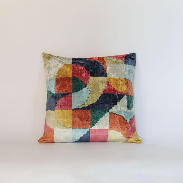 Velvet Ikat Pillow Cover Geometry Colorblock - Decorative Cushion for Sofa or Bed