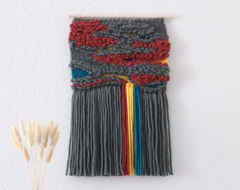 Woven Wall Hanging | Textile Wall Art | Dark Green, Teal, Yellow, Rust Red | Unique Gift Idea | Contemporary Fiber Art | Small Tapestry