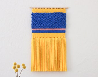 Bright Woven Wall Tapestry | Royal Blue, Yellow Gold, Pink | Colorful Wall Hanging | Minimalist Fiber Art | Eclectic Wall Art | Textile Art