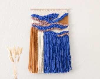 Unique Woven Wall Hanging | Small Textile Wall Art | Royal Blue, Mustard, Musk Pink | Small Spaces Decor | Bright Contemporary Fiber Art