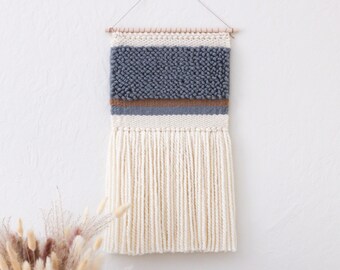 Neutral Wall Tapestry | Blue Grey, Tan and Cream | Woven Wall Hanging | Cottage Wall Decor | Minimalist Fiber Art | Pretty Woven Tapestry