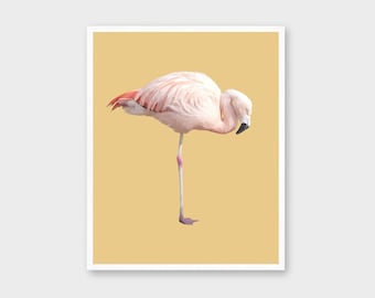 Bright Yellow Wall Art | Pink Flamingo Art Print | Tropical Wall Decor | Colorful Coastal Art | Printable Bird Art | Large Geometric Art