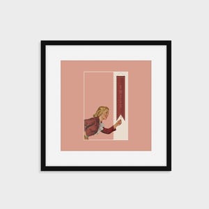 May include: A framed wall art print featuring a vintage-style illustration of a blonde person in a red jacket reaching toward a vertical maroon banner. The banner displays the word SMILE in light-colored capital letters against a dusty rose background.