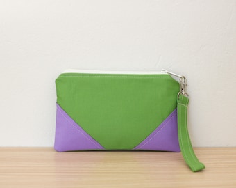 Portefeuille bracelet | Pochette zippée lumineuse | Bloc de couleur vert et violet | Sac cosmétique de voyage | Sac à main d’embrayage coloré | Sac à main avec bracelet pour iPhone