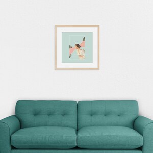 May include: A square framed wall art piece featuring a light green background with a central white rectangular border. Inside, a vintage-style illustration shows a person looking toward a pink geometric shape with small camera icons.