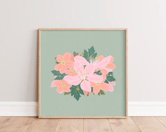 Sage Green Botanical Print | Retro Flower Art Print | Printable Wall Art | Peach Pink Flower Illustration | Square Wall Art | Boho Decor