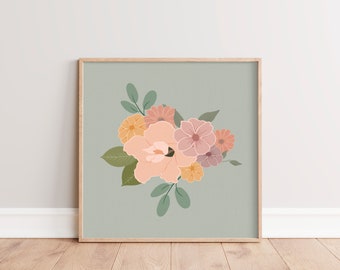 Sage Green Botanical Print | Printable Flower Art | Minimalist Flower Illustration | Digital Download | Boho Wall Decor | Square Floral Art