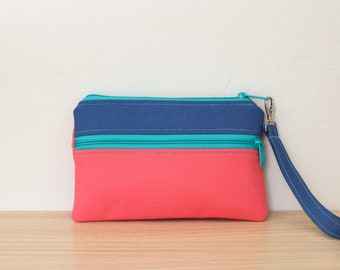 Wristlet Wallet 5.5x8.25 inches | Double Zipper Pouch | Color Block Makeup Bag | Dark Blue, Aqua, Coral | OOAK Eco Friendly Purse | Pockets