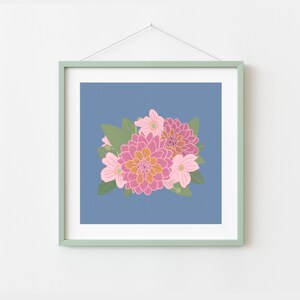 Minimalist Flower Wall Art Bright Floral Art Print Pink, Blue, Green Botanical Download Printable Wall Art Square Retro Flower Art image 6