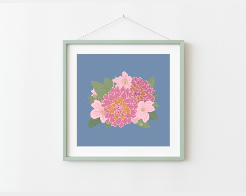 Minimalist Flower Wall Art Bright Floral Art Print Pink, Blue, Green Botanical Download Printable Wall Art Square Retro Flower Art image 6