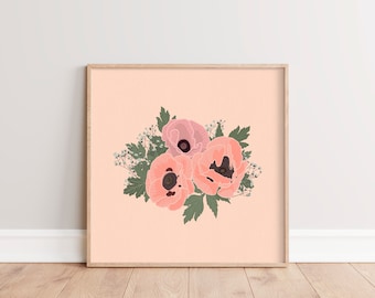 Peach Pink Printable Flower Art | Floral Art Illustration | Retro Botanical Wall Art | Minimalist Square Printable | Modern Boho Wall Decor