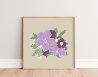 Lilac Purple, Green Wall Decor | Minimalist Flower Print | Retro Floral Illustration Wall Art | Modern Country Printable Art | Square Print