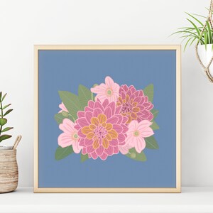 Minimalist Flower Wall Art Bright Floral Art Print Pink, Blue, Green Botanical Download Printable Wall Art Square Retro Flower Art image 2