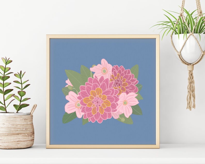 Minimalist Flower Wall Art Bright Floral Art Print Pink, Blue, Green Botanical Download Printable Wall Art Square Retro Flower Art image 2