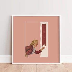 May include: A framed wall art print featuring a retro-style illustration of a person with blonde hair wearing a dark red jacket with a white ruffled collar. The person reaches toward a vertical dark red banner with the word SMILE printed in white.