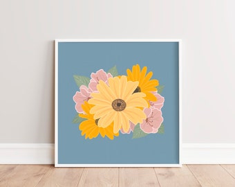 Square Flower Print | Retro Botanical Wall Decor | Colorful Flower Wall Art | Blue, Yellow, Pink Printable Art | Bright Maximalist Decor