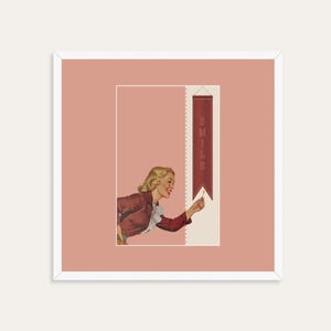 May include: A square framed print featuring a vintage-style illustration of a blonde person in a red jacket with a white ruffled collar. The person reaches toward a vertical red banner with the word SMILE printed in white capital letters.
