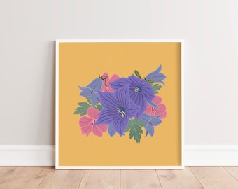 Colorful Printable Flower Art | Bright Yellow, Purple, Pink Wall Decor | Retro Flower Illustration Print | Square Botanical Print | Download