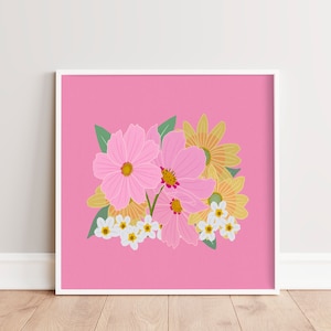 Bright Pink and Yellow Botanical Wall Art | Retro Flower Art Illustration | Maximalist Wall Decor | Colorful Printable Art | Floral Art