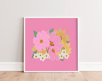 Bright Pink and Yellow Botanical Wall Art | Retro Flower Art Illustration | Maximalist Wall Decor | Colorful Printable Art | Floral Art