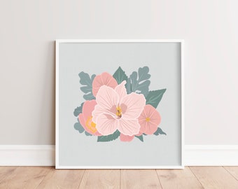 Pastel Flower Art Printable | Retro Botanical Wall Art | Square Floral Art | Blush Pink, Teal Wall Decor | Minimalist Flower Illustration