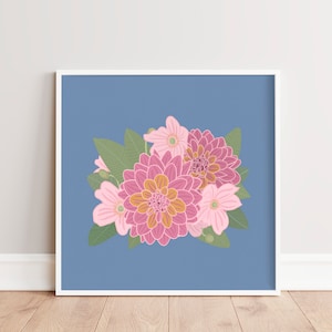 Minimalist Flower Wall Art Bright Floral Art Print Pink, Blue, Green Botanical Download Printable Wall Art Square Retro Flower Art image 1