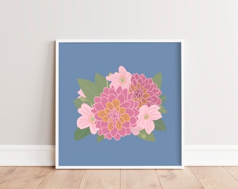 Minimalist Flower Wall Art | Bright Floral Art Print | Pink, Blue, Green Botanical Download | Printable Wall Art | Square Retro Flower Art