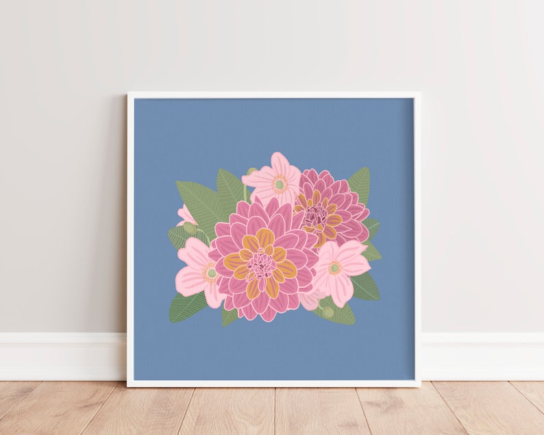 Minimalist Flower Wall Art Bright Floral Art Print Pink, Blue, Green Botanical Download Printable Wall Art Square Retro Flower Art image 1