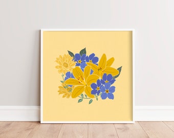 Square Flower Wall Decor | Indigo Purple, Yellow Wall Art | Retro Flower Illustration | Minimalist Flower Printable | Colorful Botanical