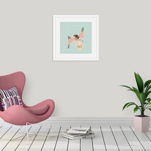 May include: A framed wall art print featuring a collage of a person in a white shirt against a light blue background with pink geometric shapes and small black and white photographic elements, enclosed in a simple white square frame.