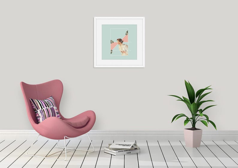 May include: A framed wall art print featuring a collage of a person in a white shirt against a light blue background with pink geometric shapes and small black and white photographic elements, enclosed in a simple white square frame.