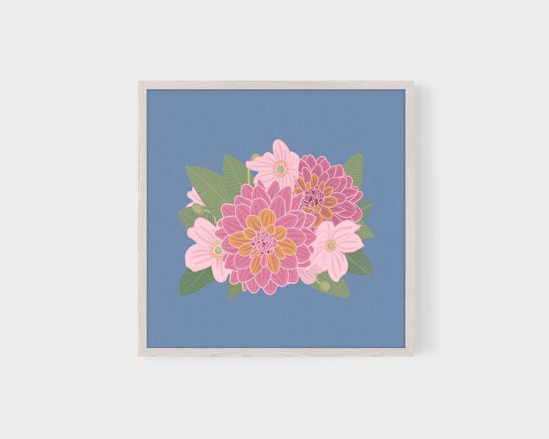 Minimalist Flower Wall Art Bright Floral Art Print Pink, Blue, Green Botanical Download Printable Wall Art Square Retro Flower Art image 9