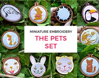 10 pet portrait embroidery patterns, mini embroidery hoop art, beginner embroidery patterns, diy hoop art tiny embroidery hoop pattern