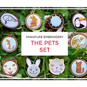 10 pet portrait embroidery patterns, mini embroidery hoop art, beginner embroidery patterns, diy hoop art tiny embroidery hoop pattern