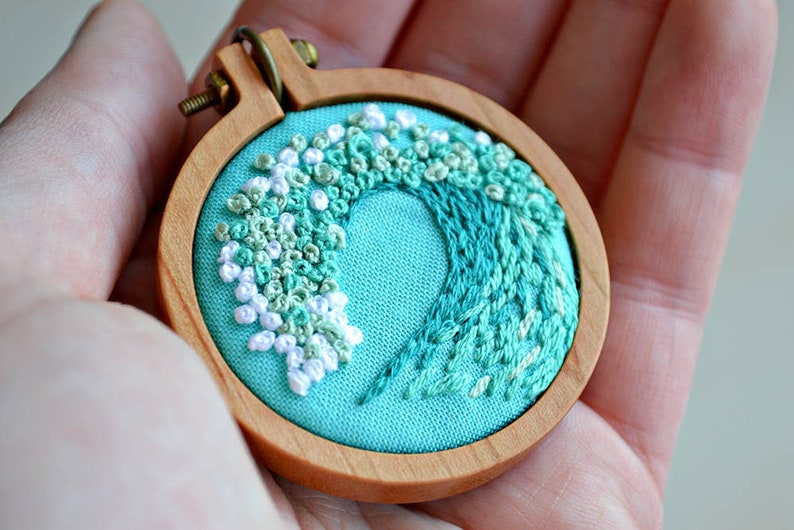 tiny embroidery hoop kit, miniature embroidery pattern, ocean, beach, diy jewelry, diy embroidery, beginner embroidery, hand embroidery image 4