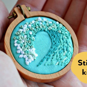 tiny embroidery hoop kit, miniature embroidery pattern, ocean, beach, diy jewelry, diy embroidery, beginner embroidery, hand embroidery image 1