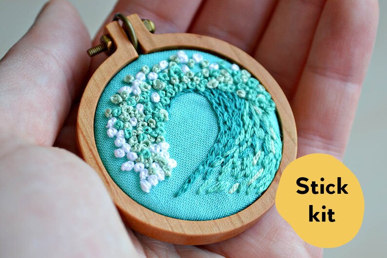 tiny embroidery hoop kit, miniature embroidery pattern, ocean, beach, diy jewelry, diy embroidery, beginner embroidery, hand embroidery image 1