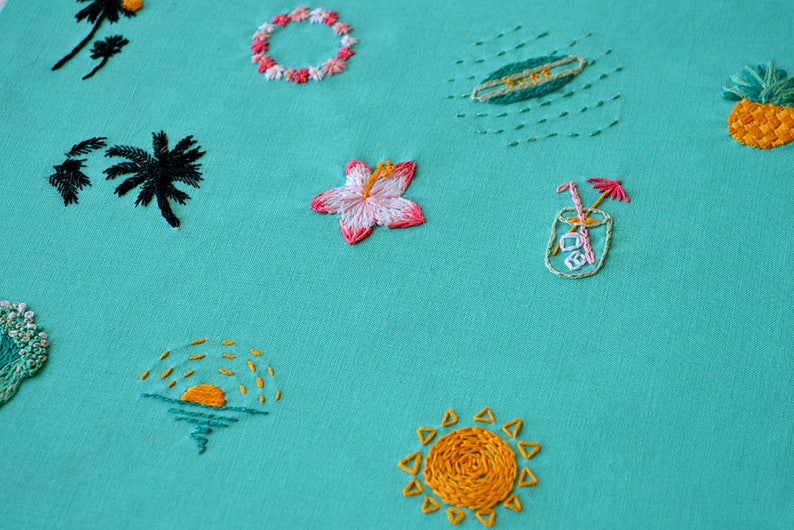 10 mini embroidery pattern bundle, miniature stitching, easy needlework, beach vibe hoop art, tropical diy jewelry image 10