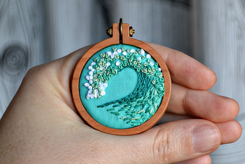 tiny embroidery hoop kit, miniature embroidery pattern, ocean, beach, diy jewelry, diy embroidery, beginner embroidery, hand embroidery image 6