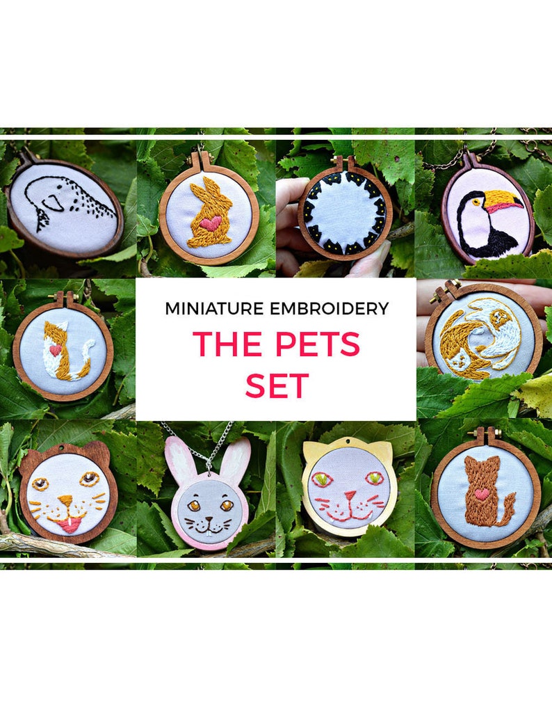 10 pet portrait embroidery patterns, mini embroidery hoop art, beginner embroidery patterns, diy hoop art tiny embroidery hoop pattern image 1